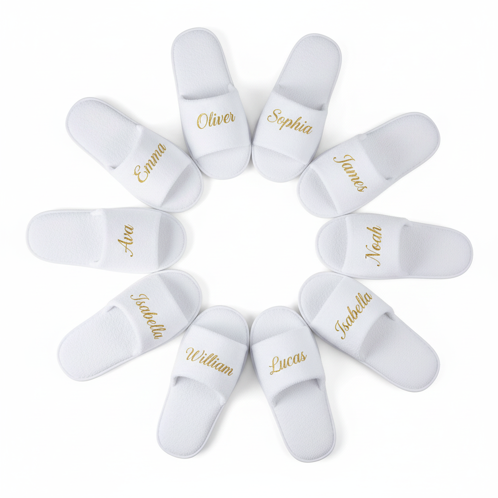 10 white fluffy slippers arranged in a circle with gold names
