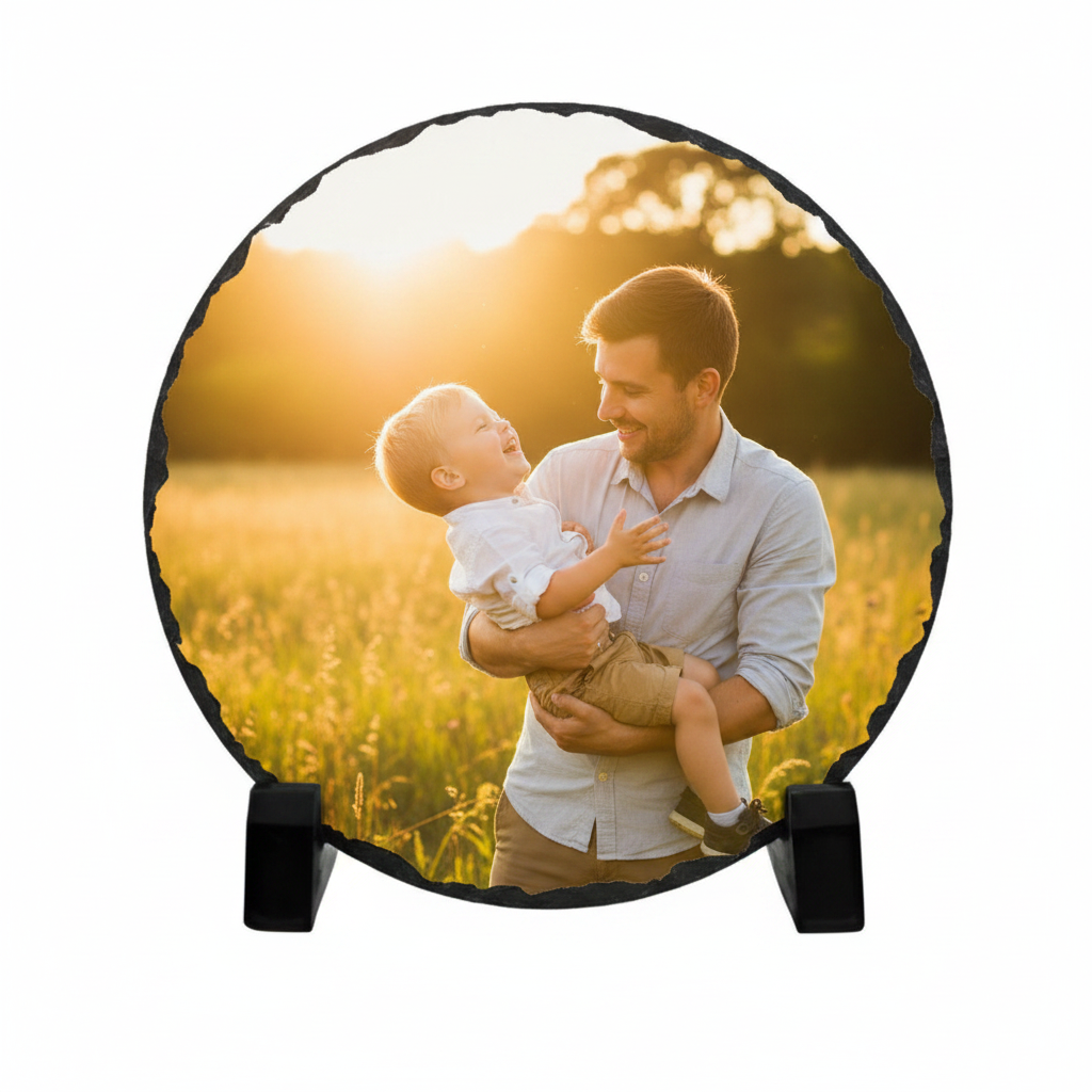 15cm Round Photo Slate - Father and Son
