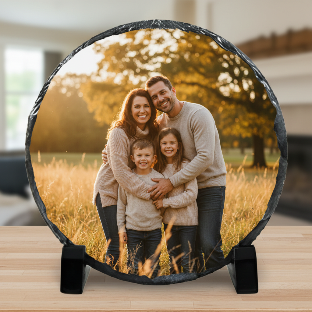 15cm Round Photo Slate with Family