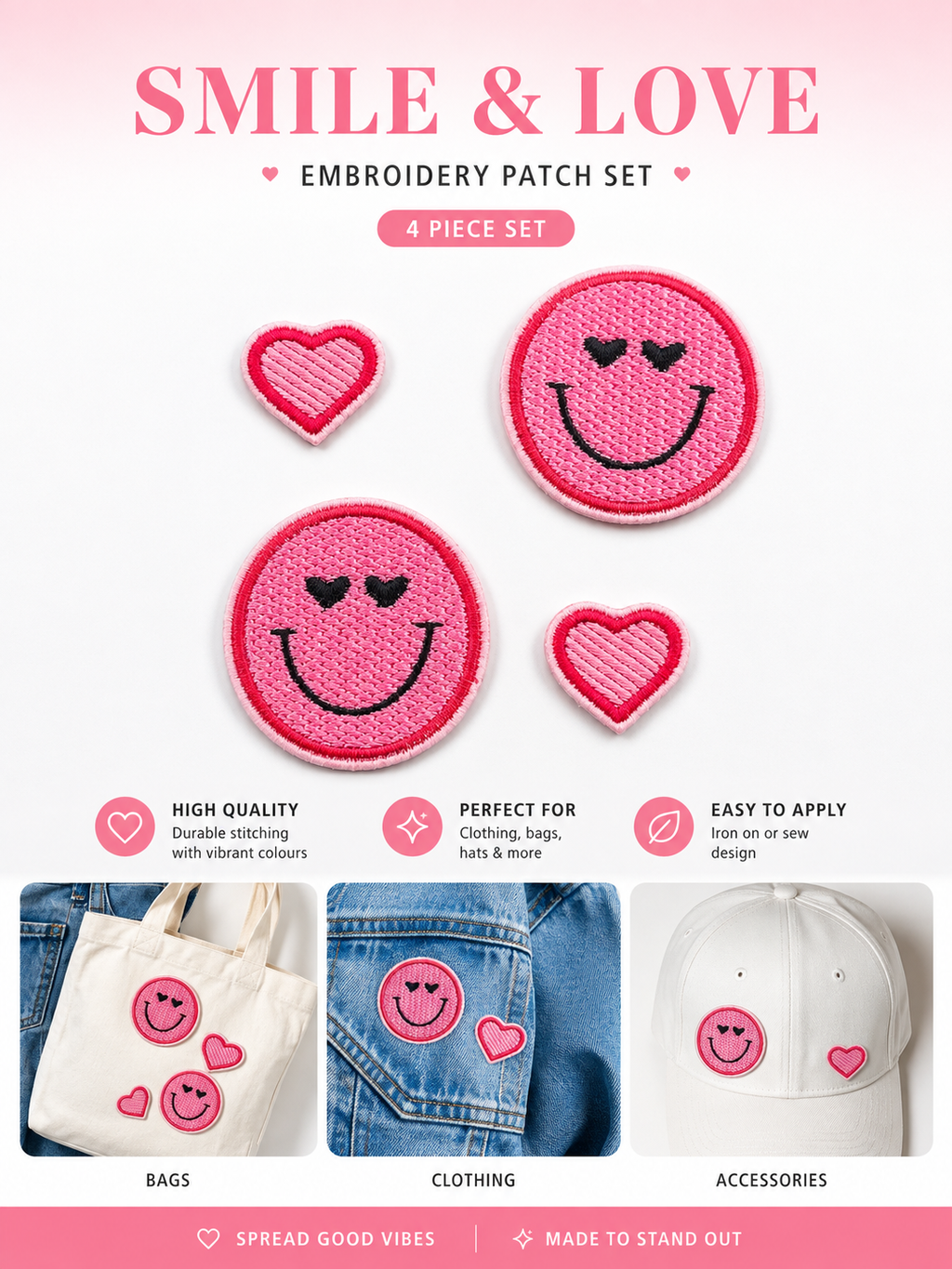 Pink Smiley Face & Heart Embroidered Iron On Patches 4pc Set DIY Clothing Bag