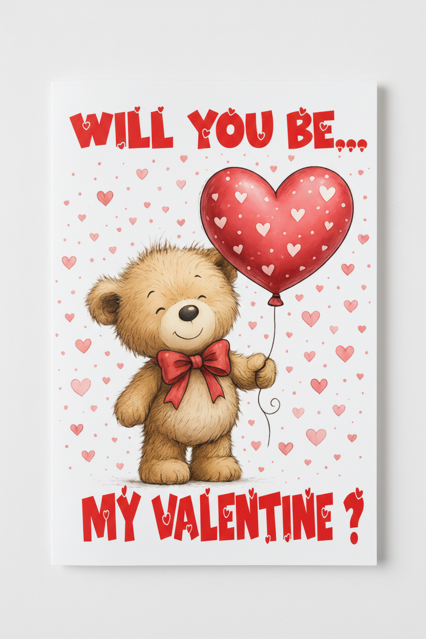 Will You Be My Valentine? Card A5 Teddy Bear Card