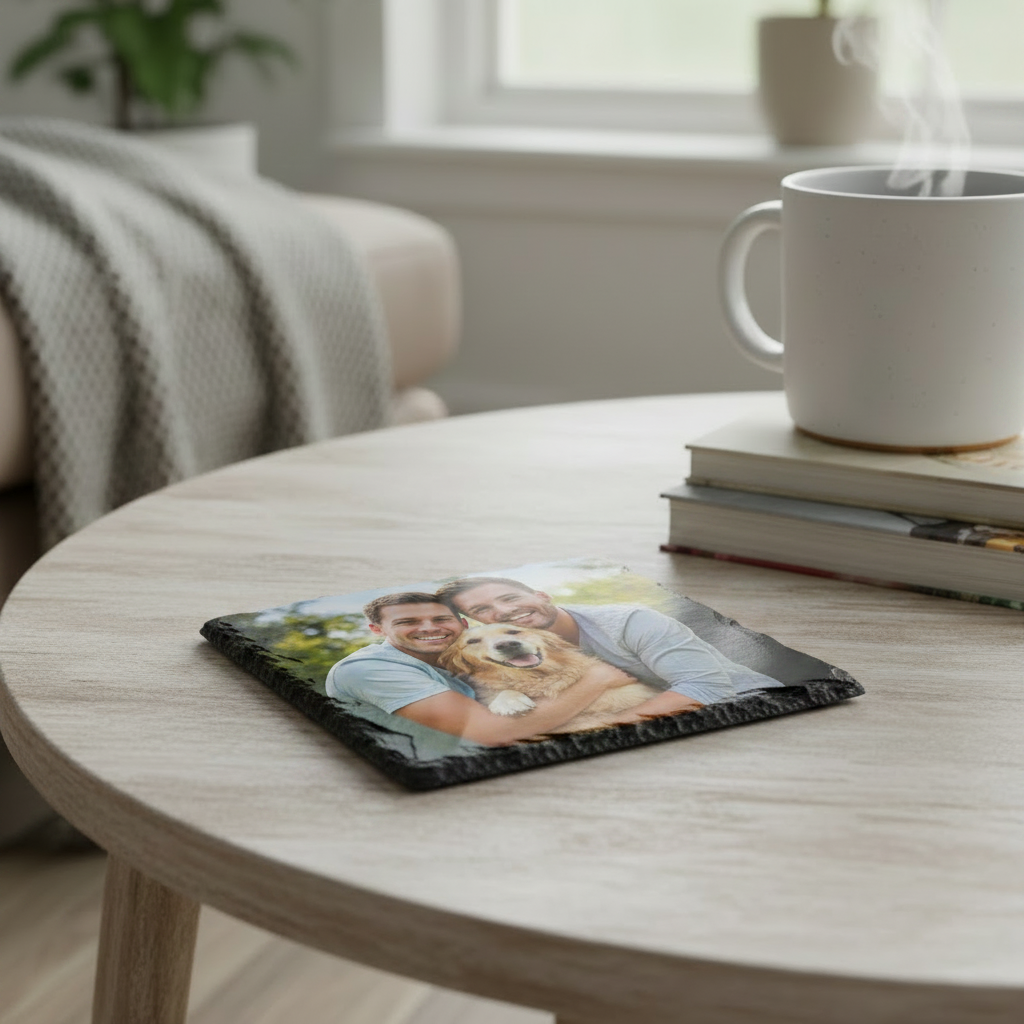 9cm Personalised Photo Slate Coaster - Couple with Dog on Slate