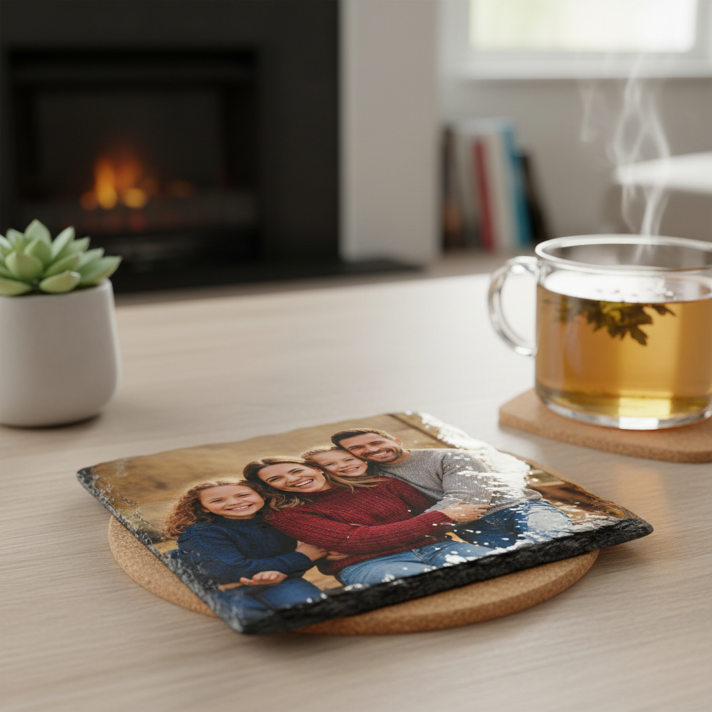 9cm Personalised Photo Slate Coaster - Family