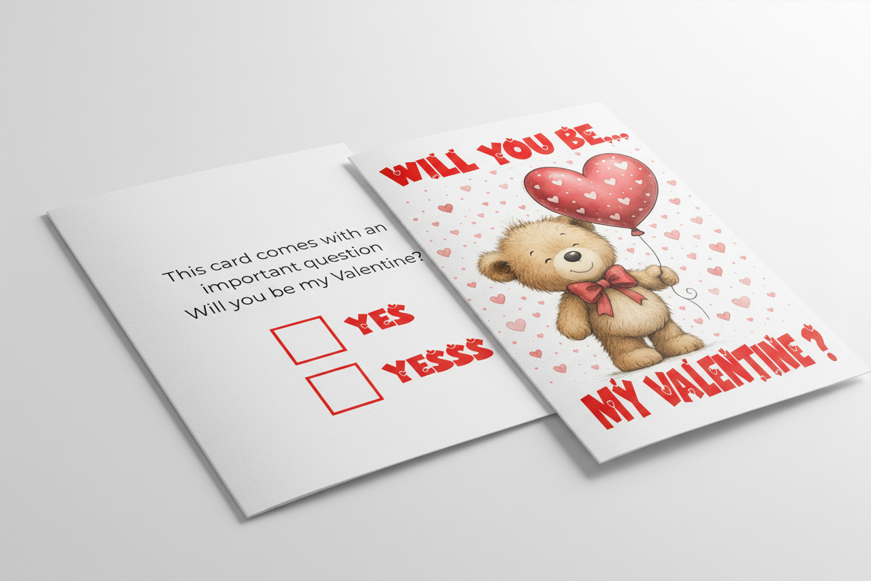 Will You Be My Valentine? Card A5 Teddy Bear Card