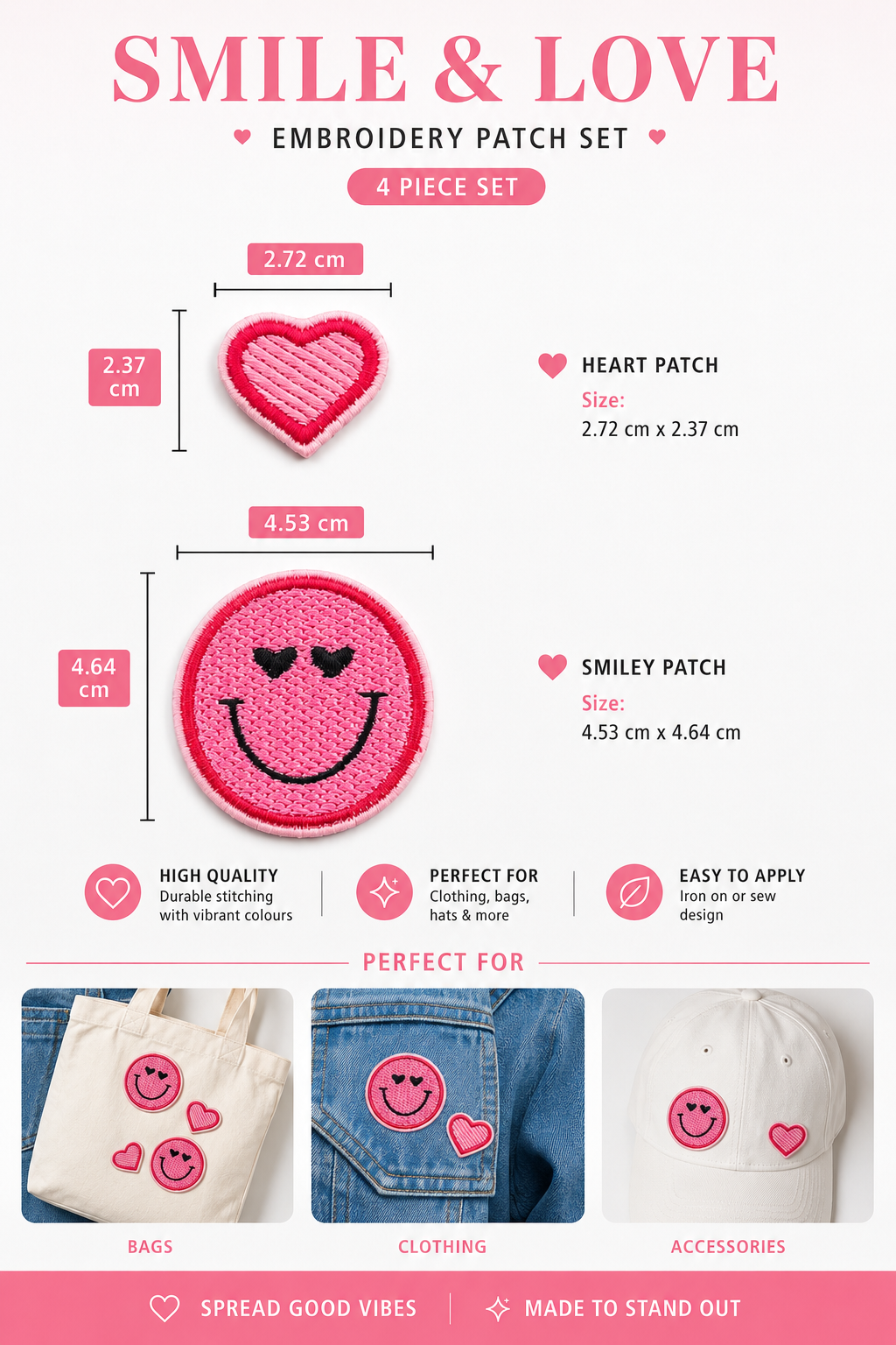 Pink Smiley Face & Heart Embroidered Iron On Patches 4pc Set DIY Clothing Bag