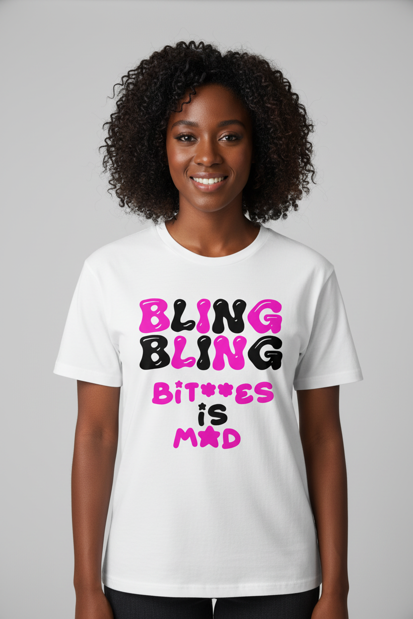 Beautiful Black model in studio wearing white t-shirt with pink design