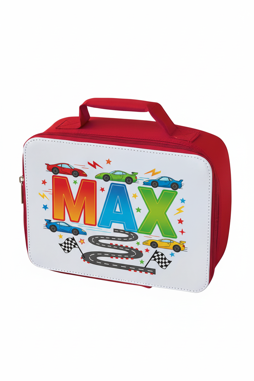 Black cooler bag with name and cars theme