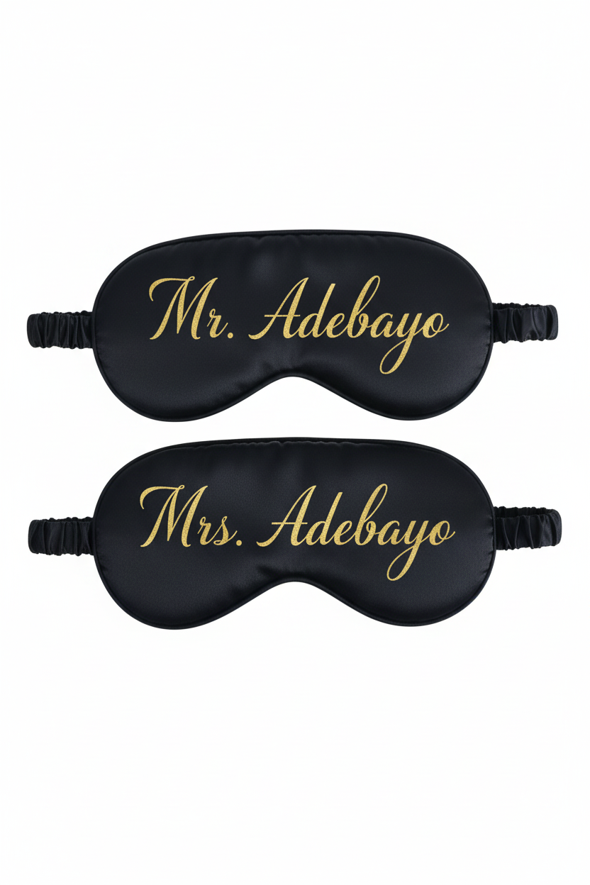 Black eye mask couple set - Mr & Mrs Adebayo in gold calligraphy