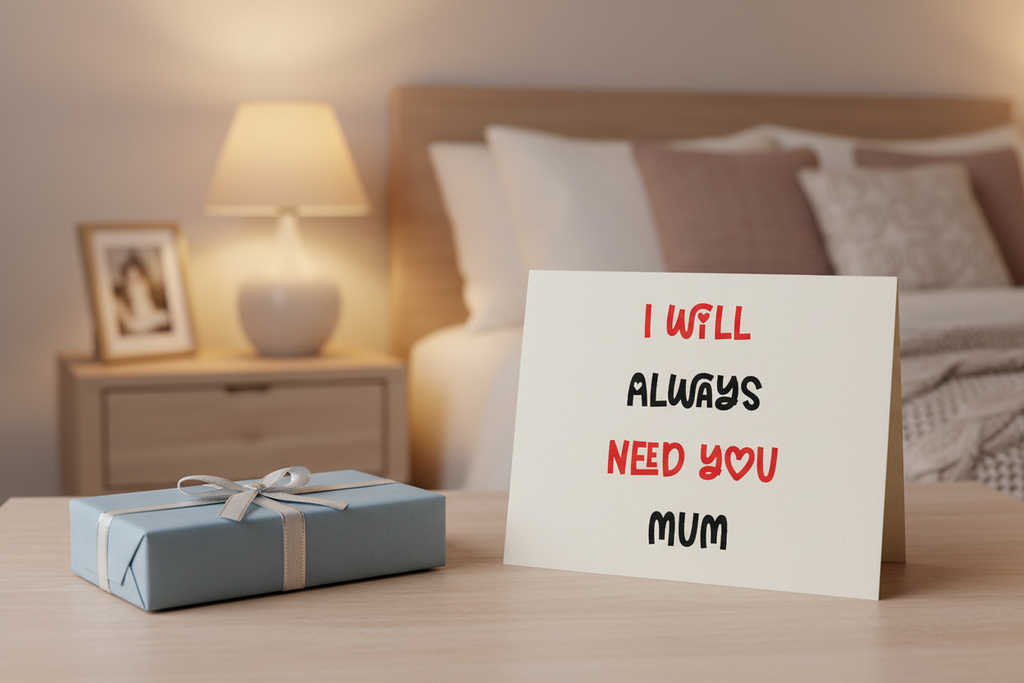Card with gift on bedside table