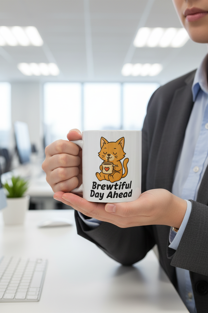 Close-up of Brewtiful Day Ahead mug in corporate setting
