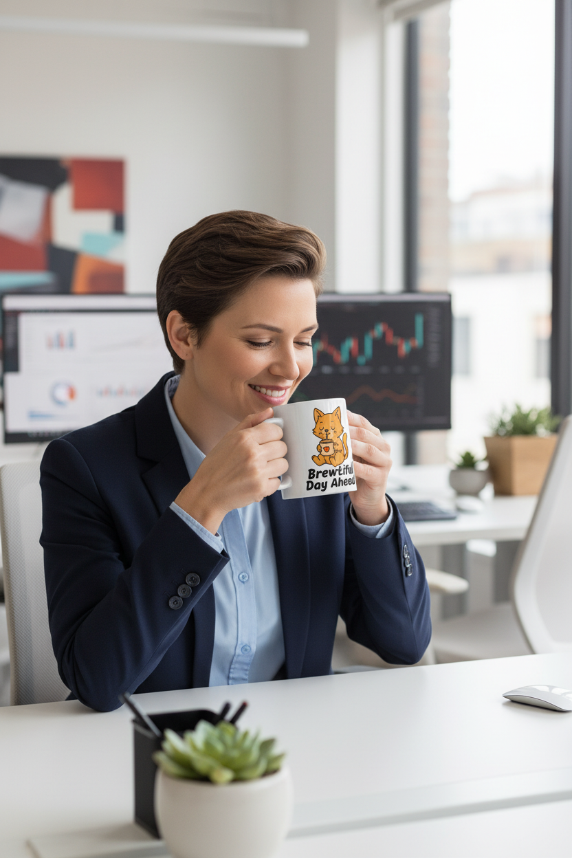 Corporate professional enjoying coffee with Brewtiful Day Ahead mug