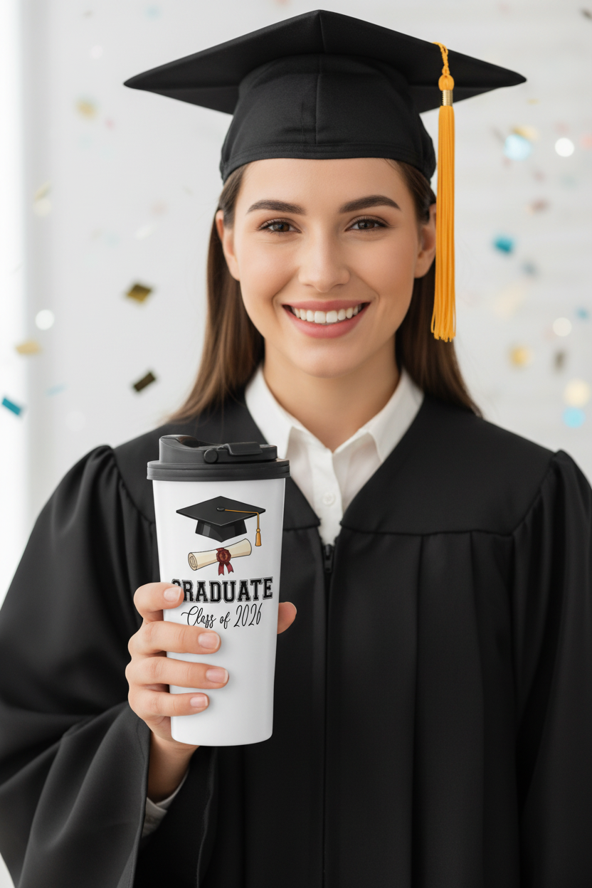 Graduate holding Class of 2026 tumbler with lid