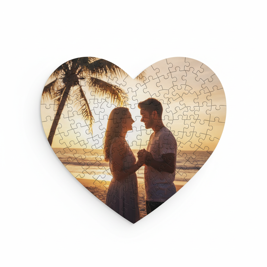 Heart-shaped jigsaw puzzle with couple photo