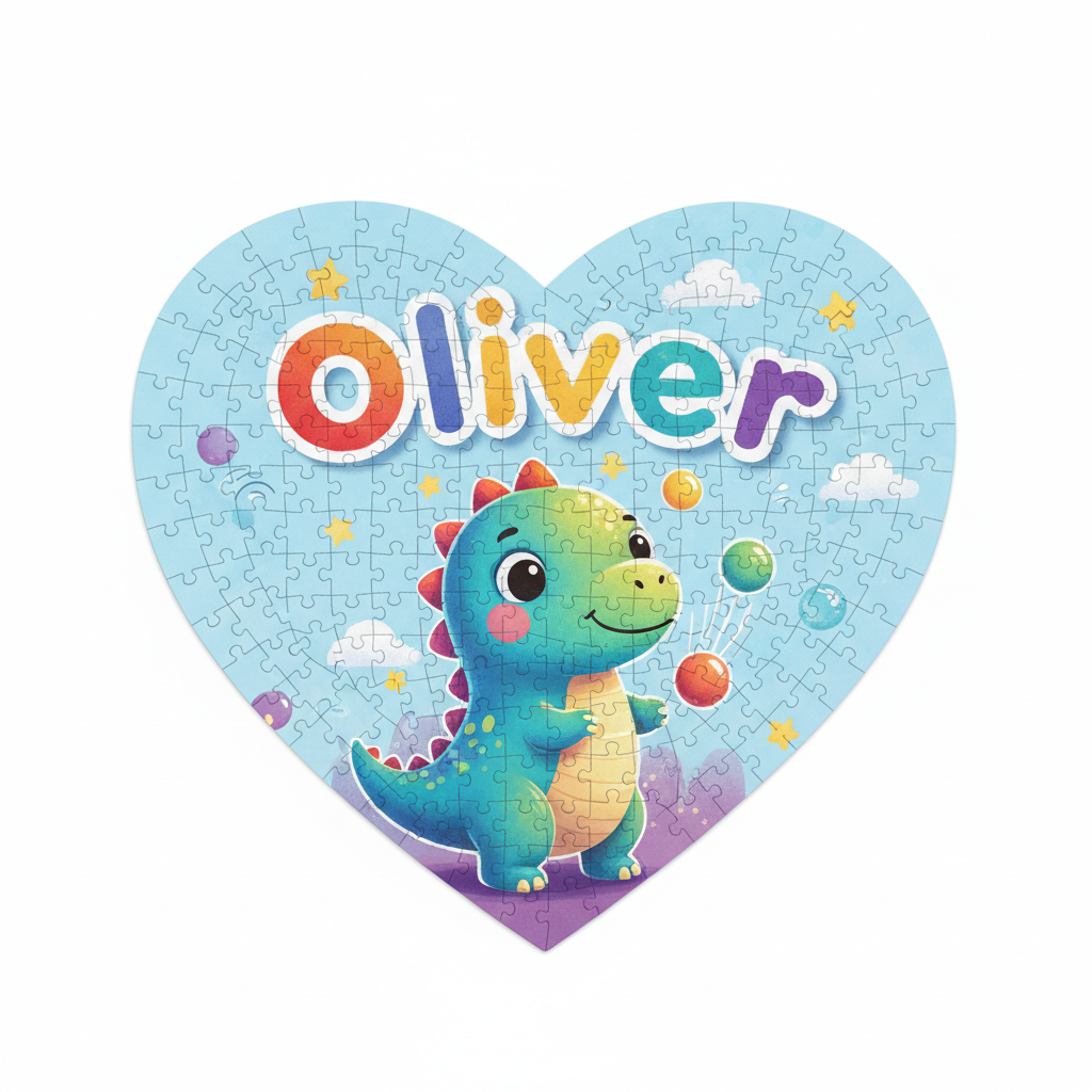 Heart-shaped puzzle with dinosaur and child's name