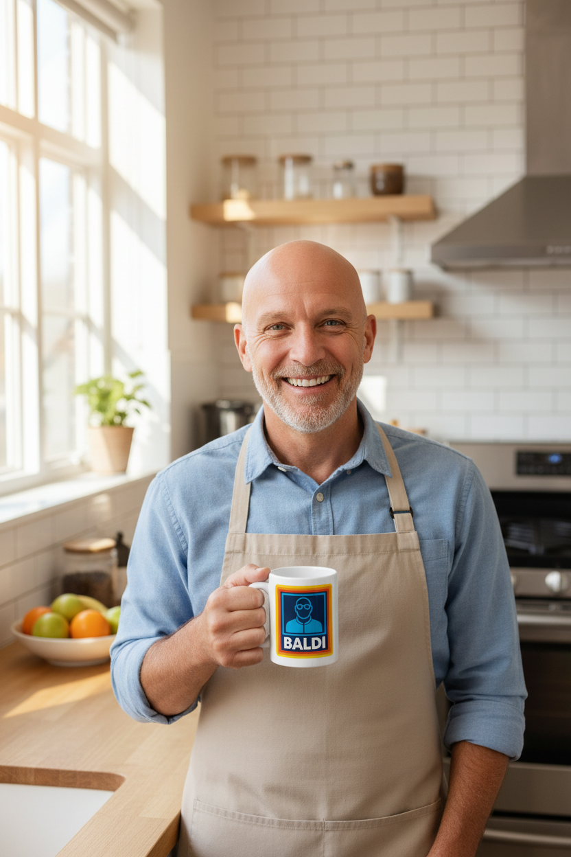 Cheerful bald man holding Baldi mug in kitchen