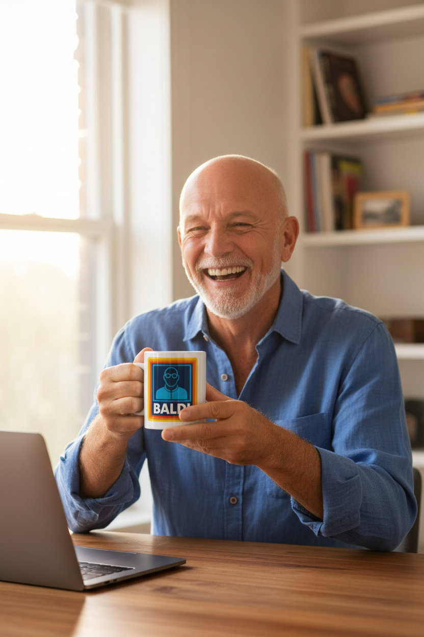 Distinguished bald man laughing with Baldi mug at desk