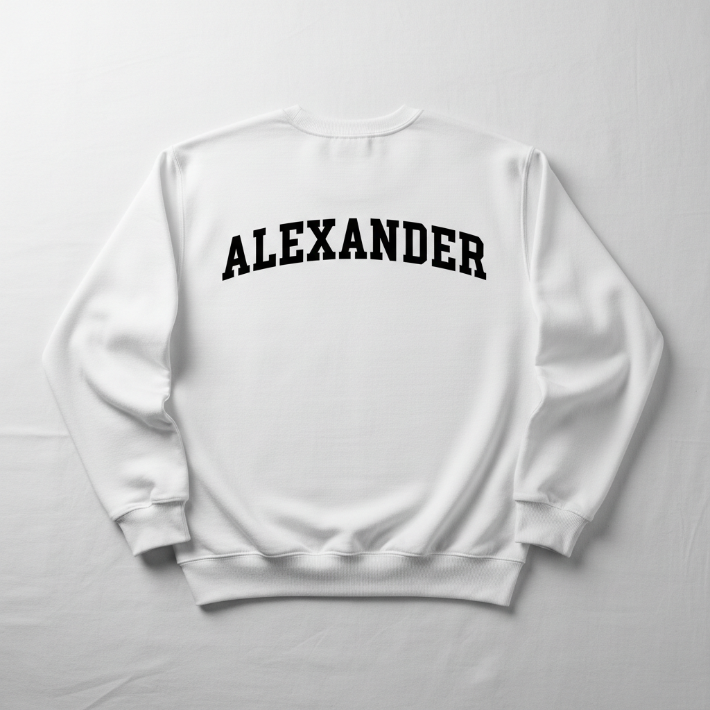 Back view of white graduation jumper with personalised name in black