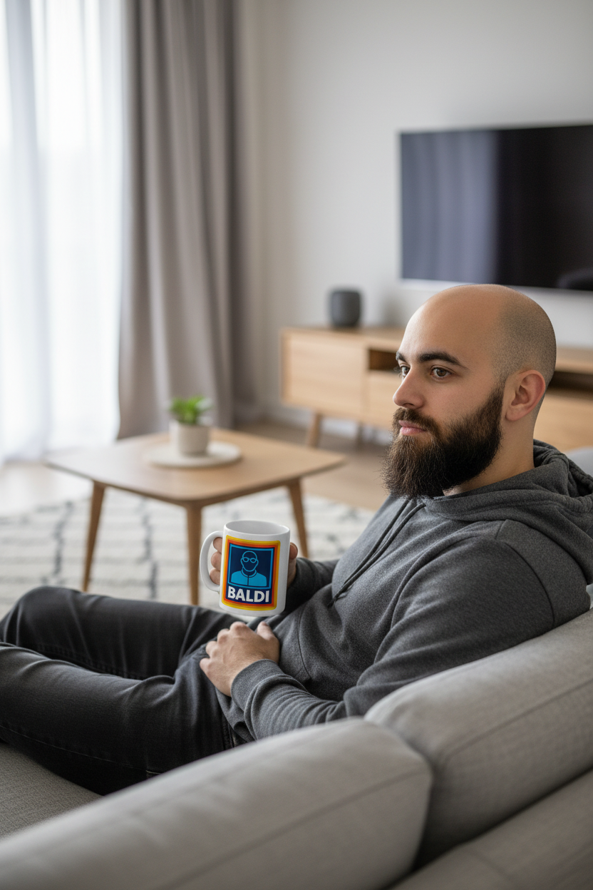 Cool bald man with beard holding Baldi mug on sofa