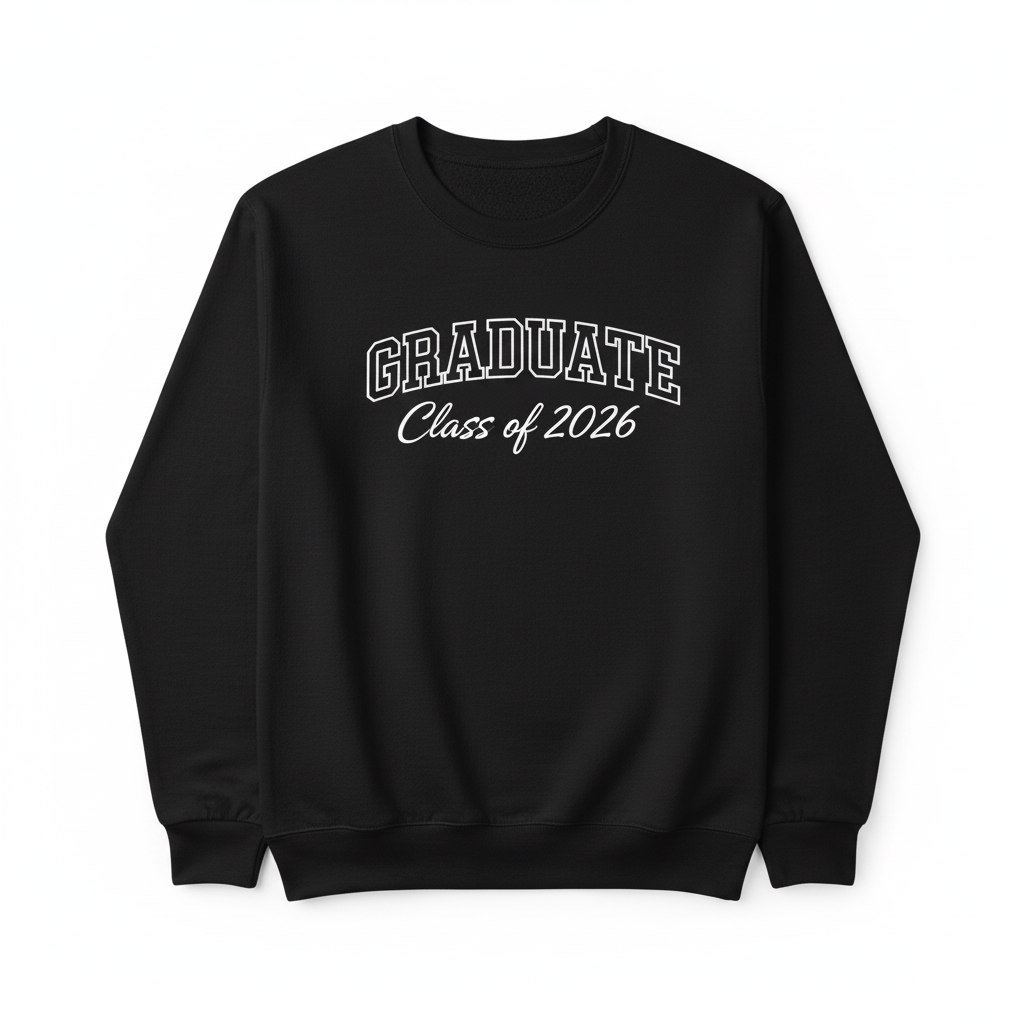 Personalised black graduation jumper with white GRADUATE Class of 2026 text on front