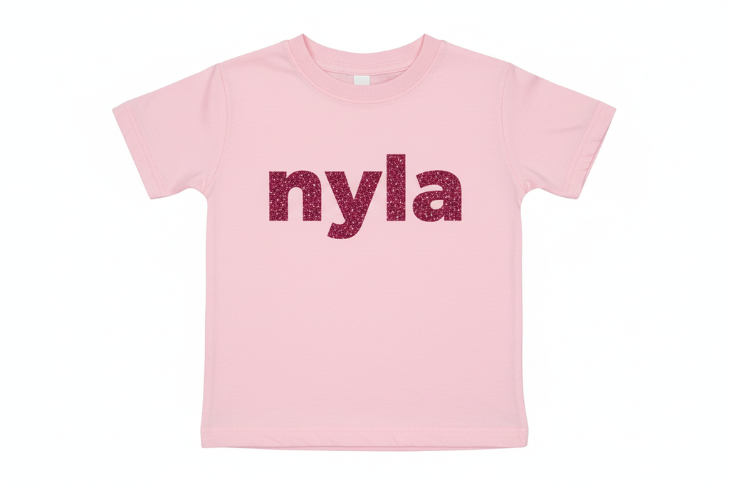Kids pink t-shirt with nyla in dark pink glitter