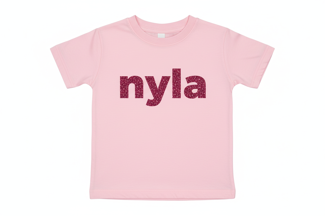 Kids pink t-shirt with nyla in dark pink glitter
