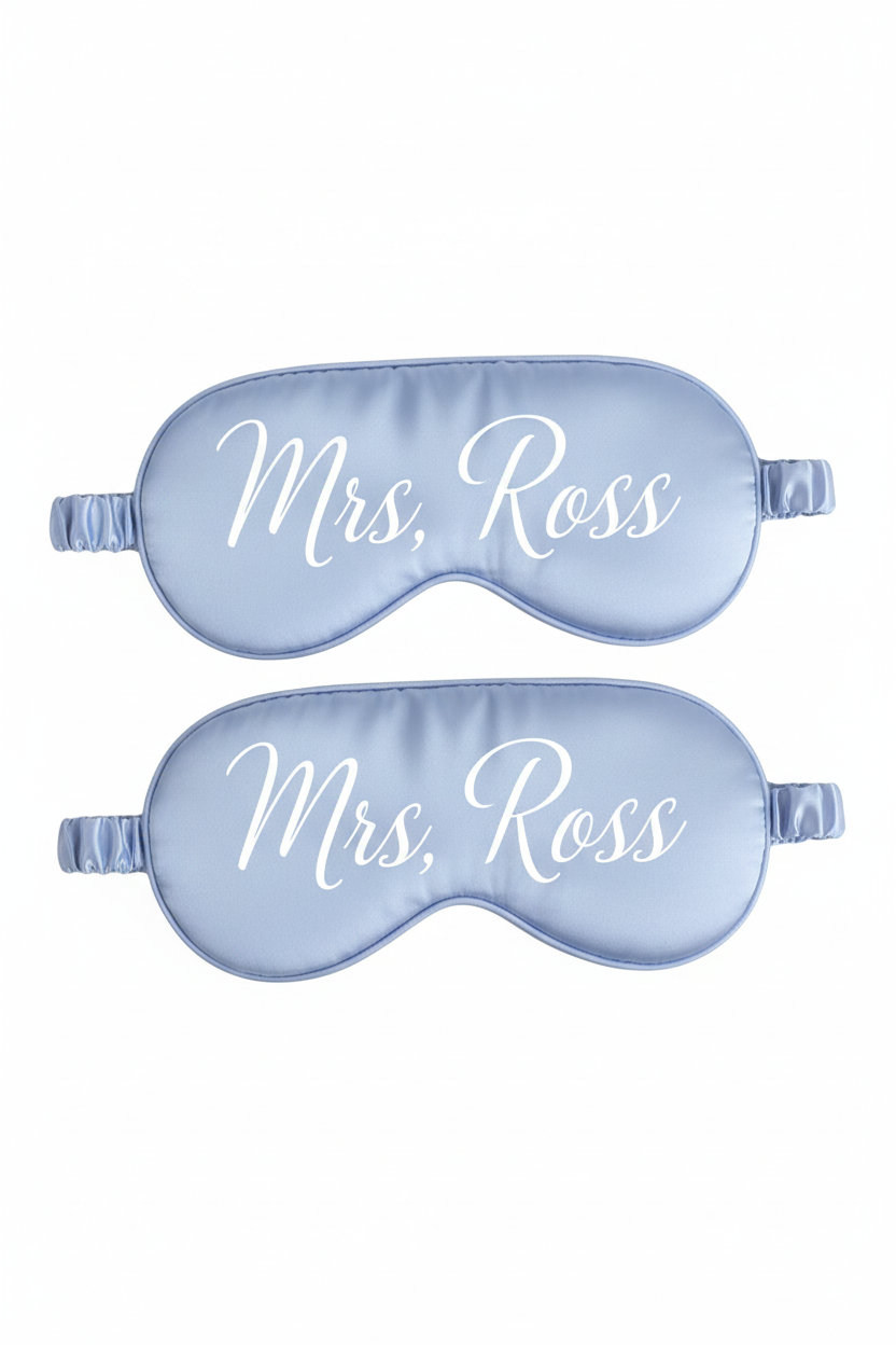 Light blue eye mask couple set - Mrs & Mrs Ross in white calligraphy
