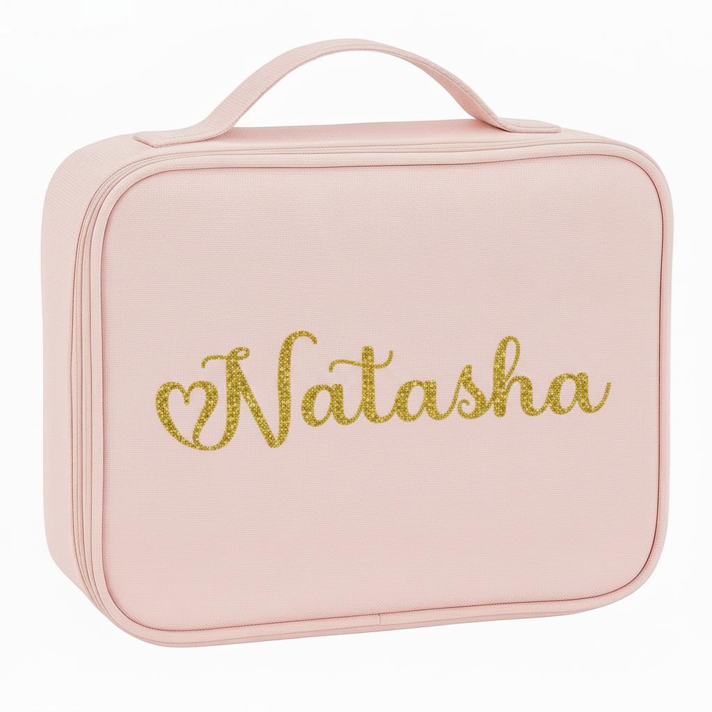 Natasha personalized makeup bag in gold glitter