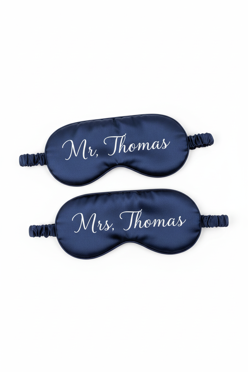 Navy eye mask couple set - Mr & Mrs Thomas in white calligraphy
