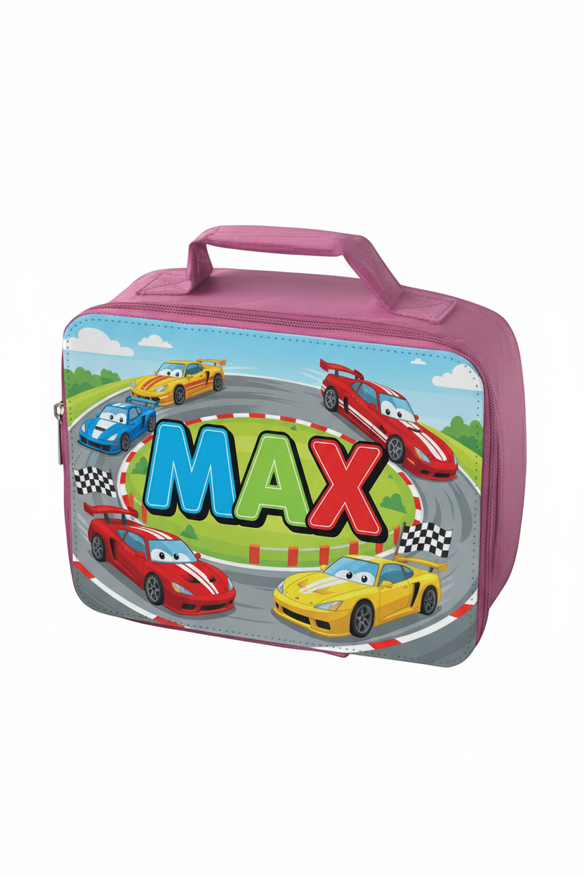 Pink cooler bag with name and cars theme