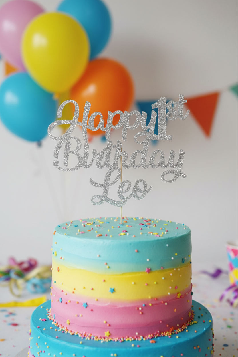 Silver Glitter 1st Birthday Cake Topper