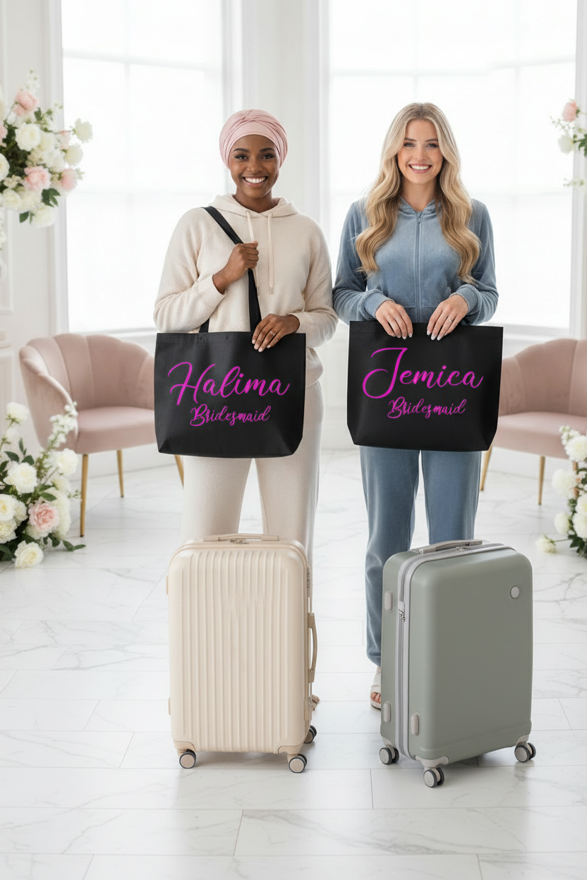 Three bridesmaids with personalized tote bags - vertical