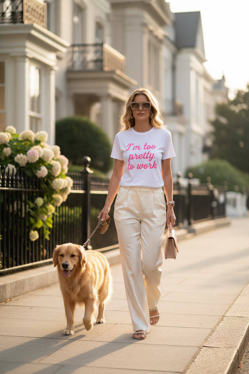 white t shirt with slogan im too pretty to work in pink model walking dog while wearing it luxurious looking model 