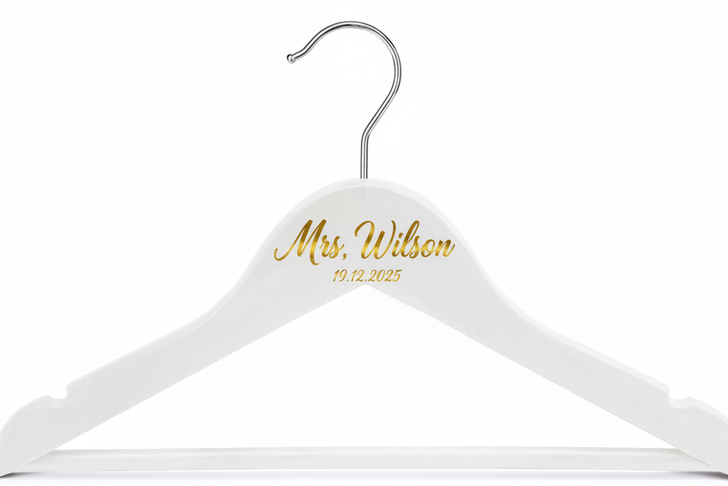 White wooden wedding hanger with Mrs Wilson in gold decal