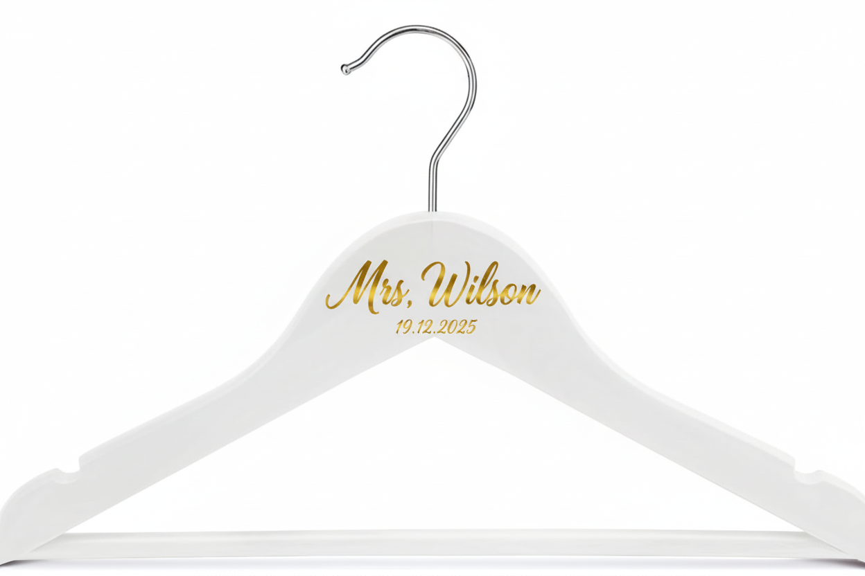 White wooden wedding hanger with Mrs Wilson in gold decal